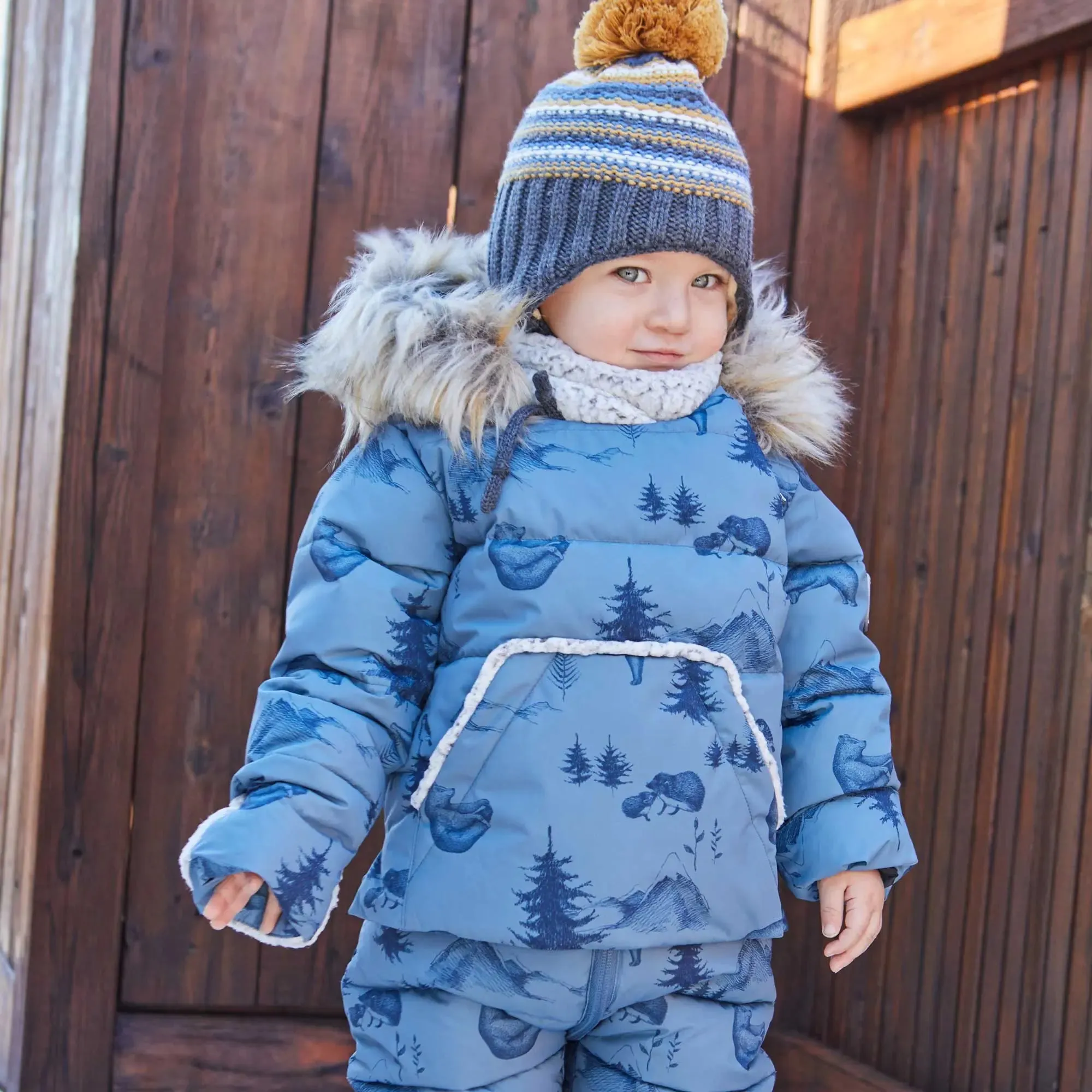 Printed Yoga Bears One Piece Baby Snowsuit Dusty Blue | DEUX PAR DEUX