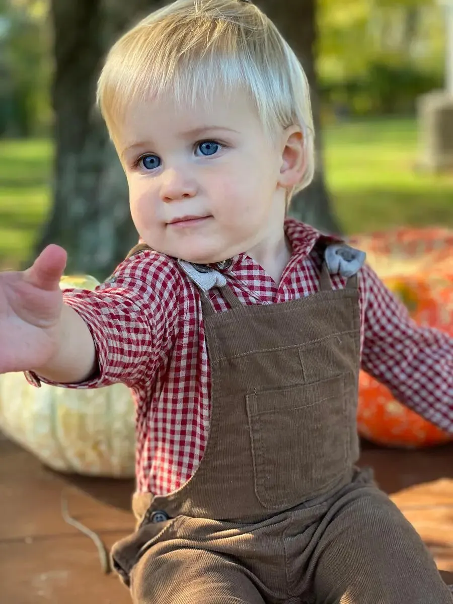 Red/beige plaid woven onesie | Me & Henry