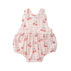 Ruffle Bib Sunsuit - Cherry Gingham | Angel Dear