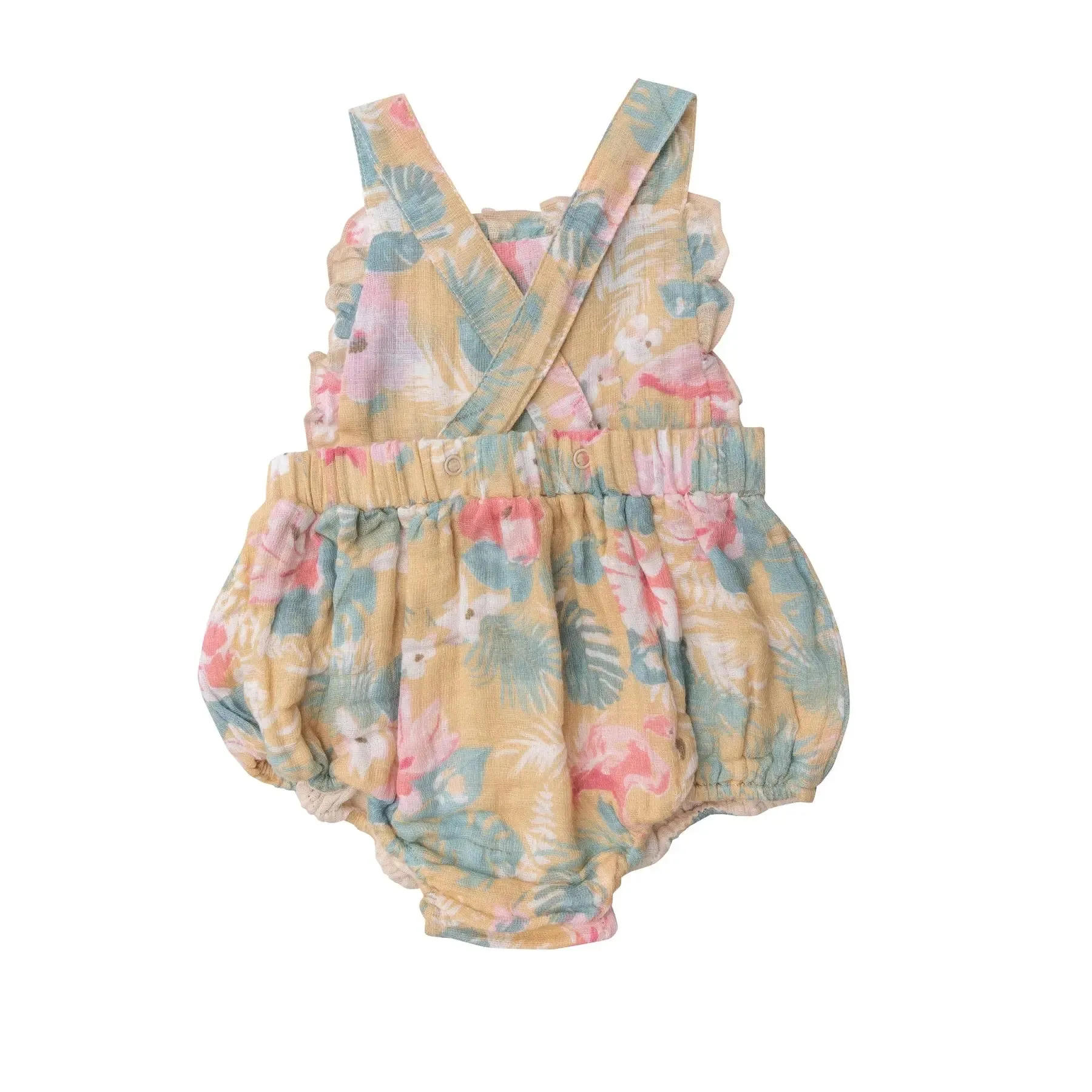 Ruffle Bib Sunsuit - Floral Flamingos | Angel Dear