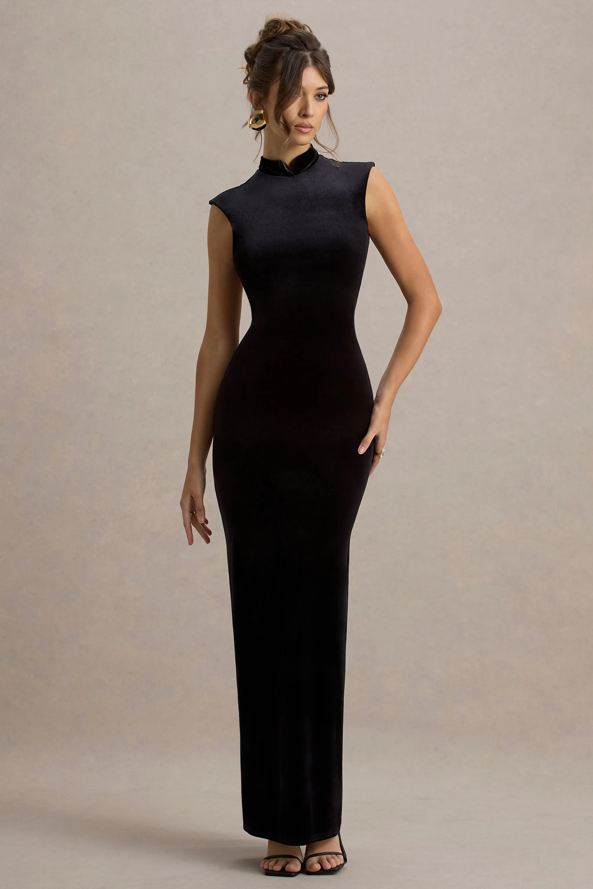 Samaria | Black Velvet High-Neck Maxi Dress Club L London