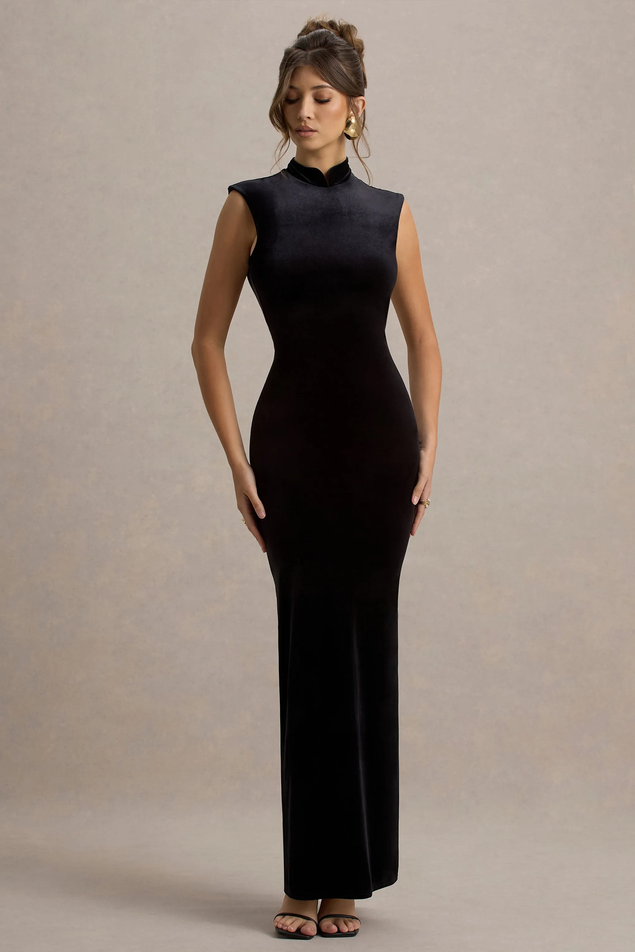 Samaria | Black Velvet High-Neck Maxi Dress Club L London