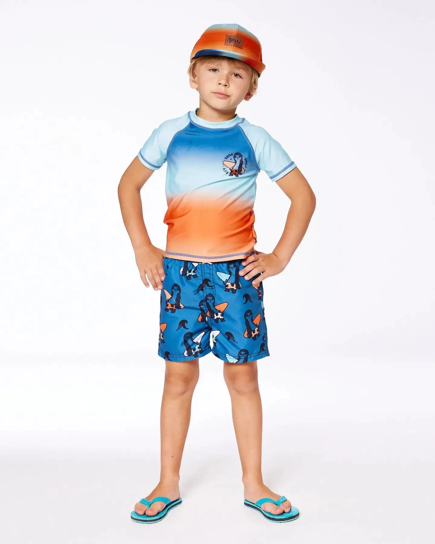 Short Sleeve Rashguard Navy Blue, Turquoise, And Orange
