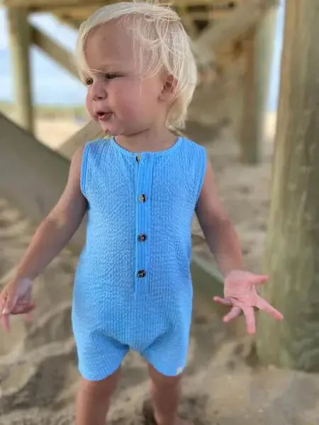 Sky blue seersucker playsuit | Me & Henry