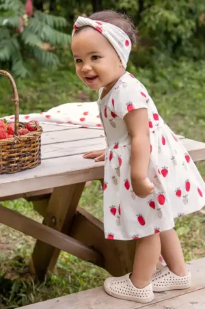 Strawberries Print on Off-White Jersey Peplum Dress | Petit Lem