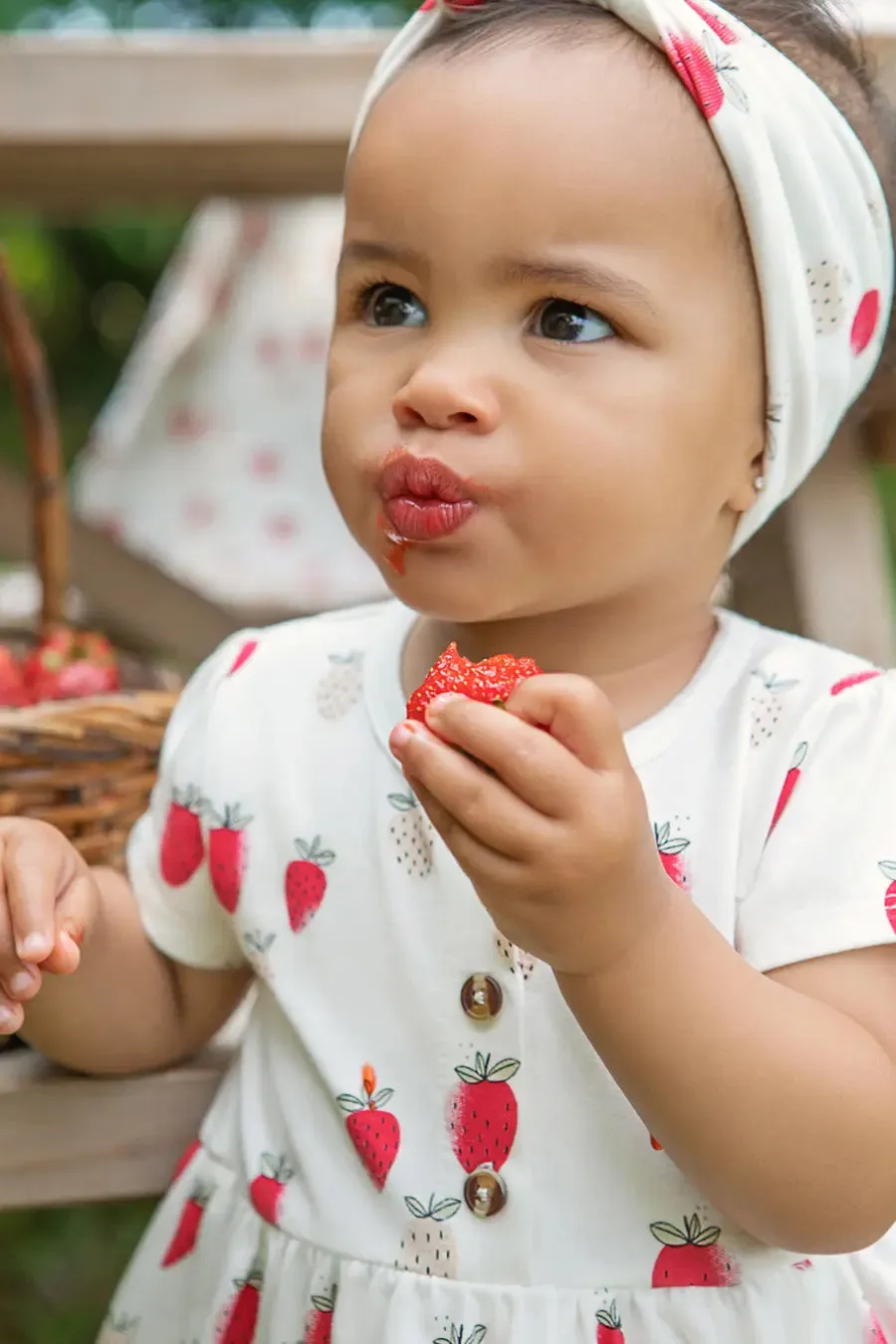 Strawberries Print on Off-White Jersey Peplum Dress | Petit Lem
