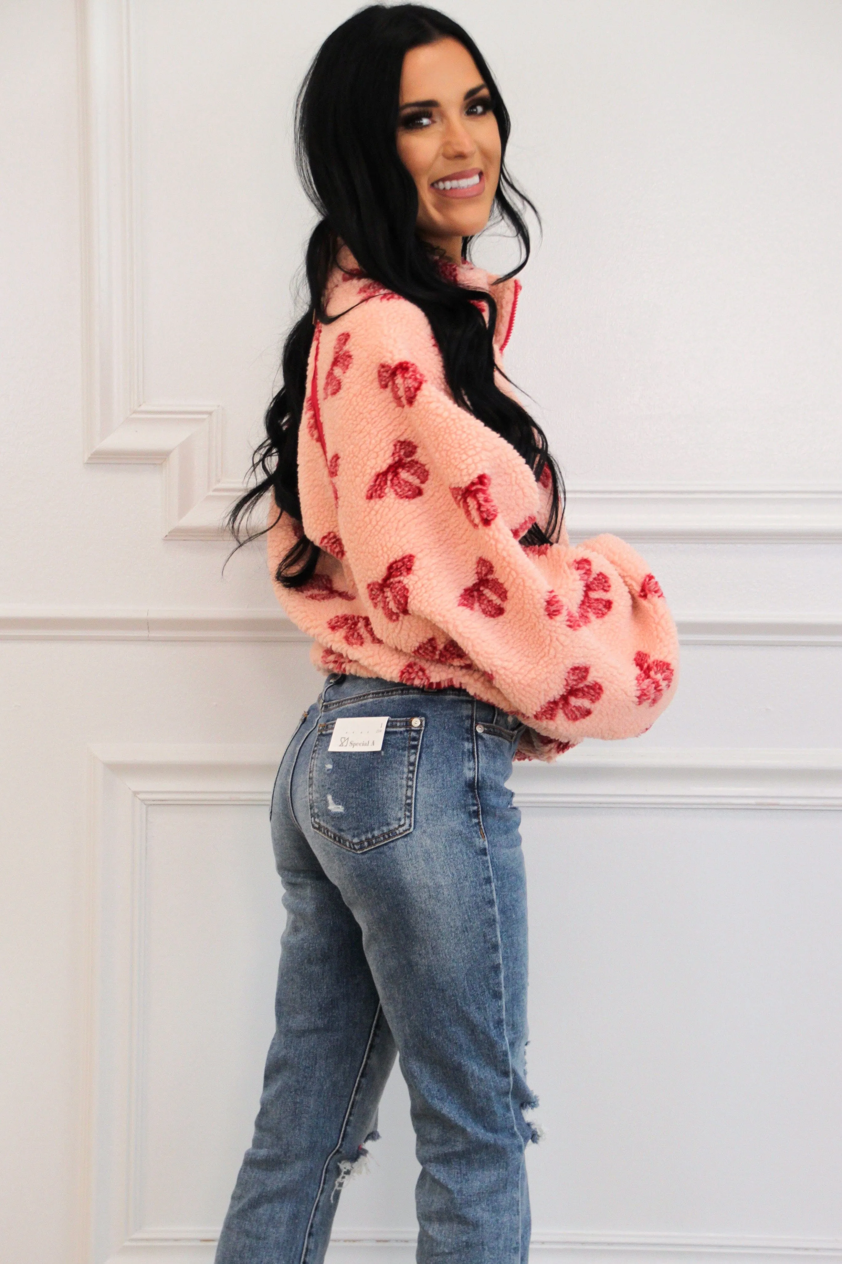 Sweetest Girl Sherpa Bow Quarter Zip Pullover: Pink