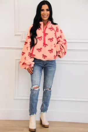 Sweetest Girl Sherpa Bow Quarter Zip Pullover: Pink