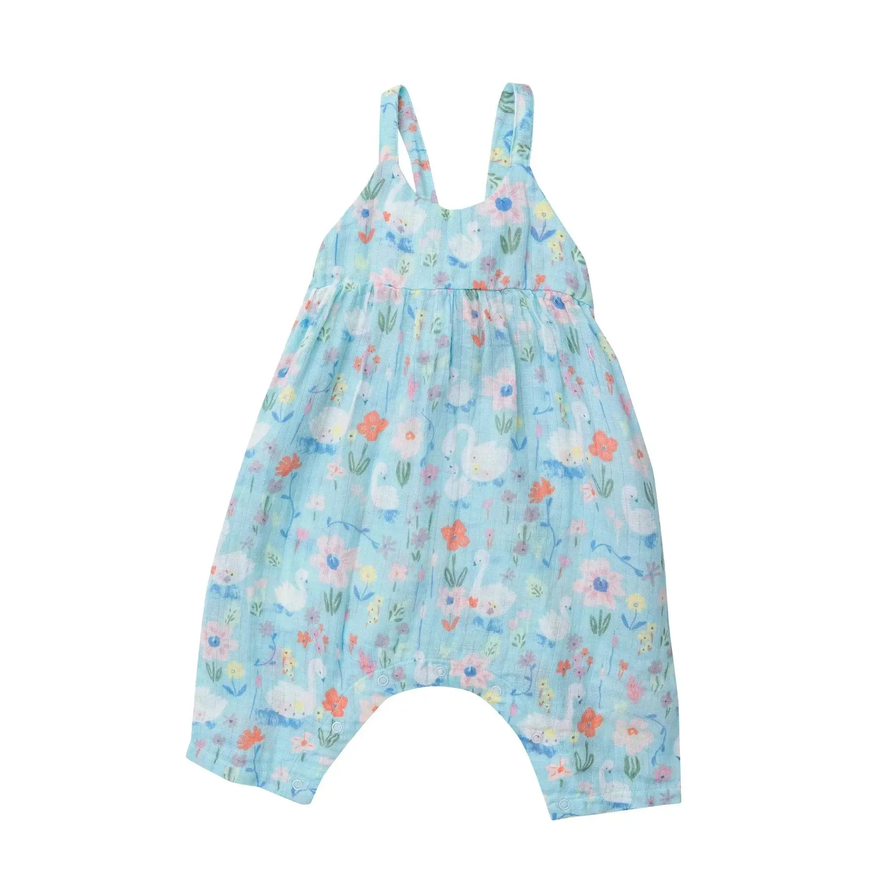 Tie Back Romper Pink - Floral Swans | Angel Dear