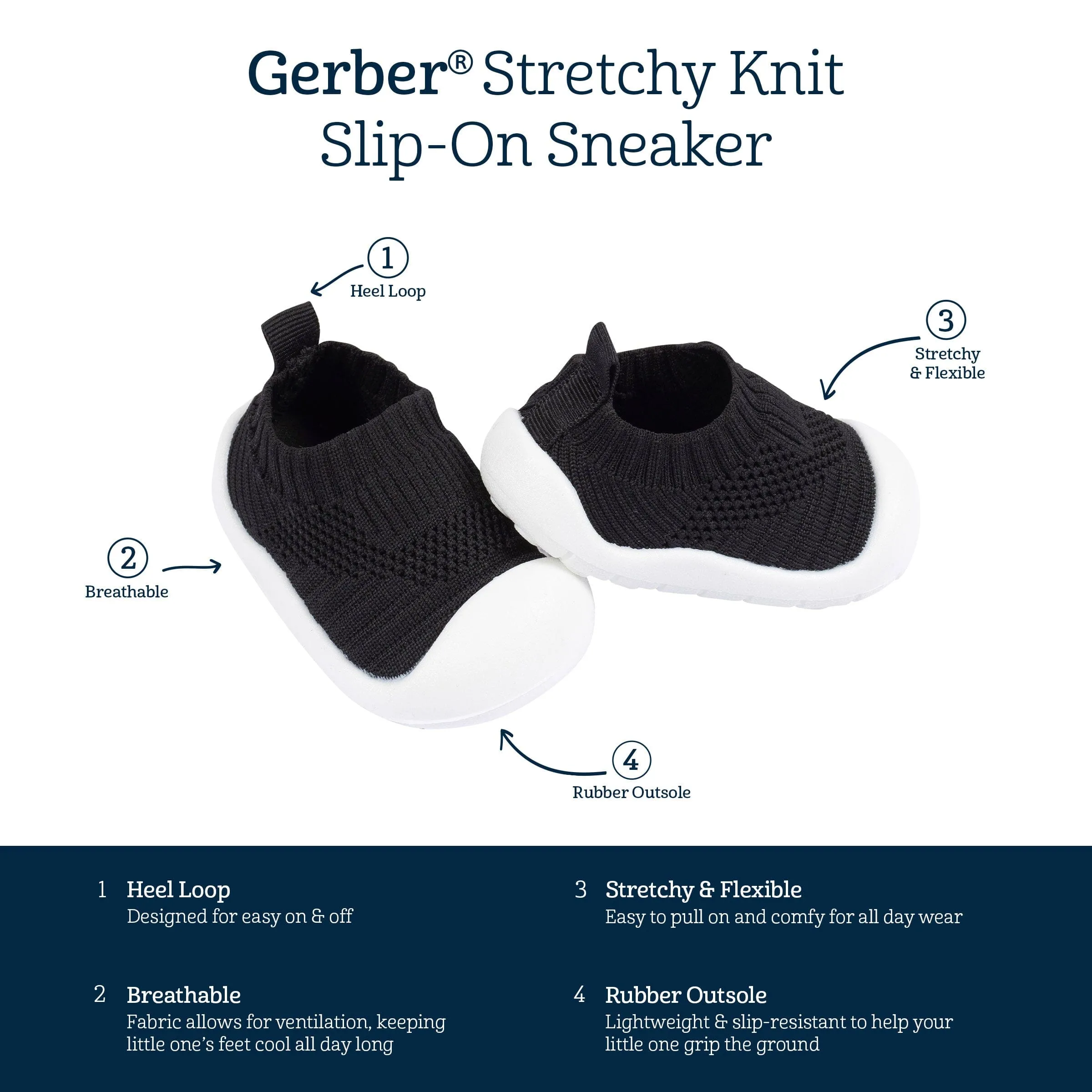 Toddler Neutral Black Stretchy Knit Slip-On Sneaker, US 11 Gerber Childrenswea