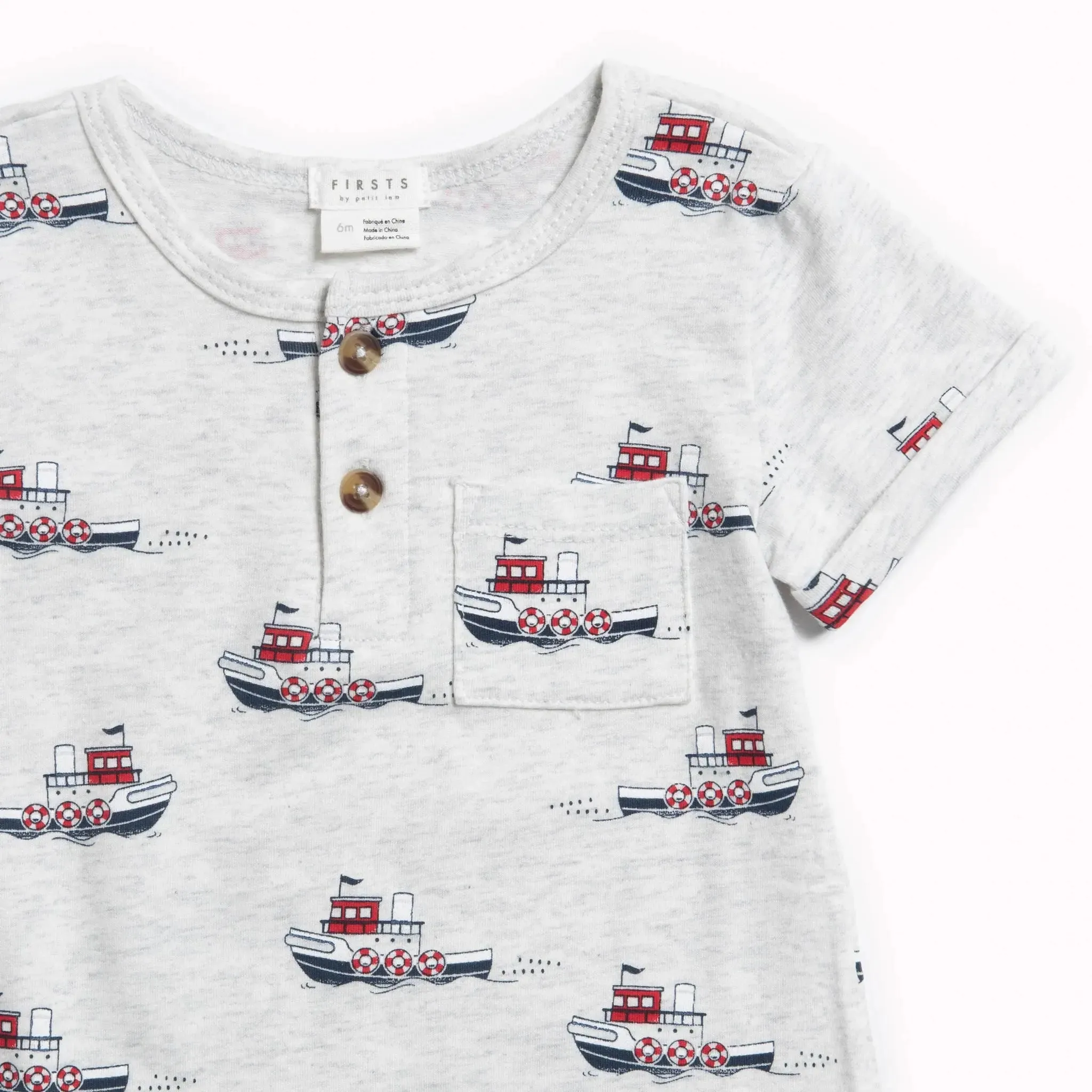 Tugboats Print on Heather Grey Romper | Petit Lem