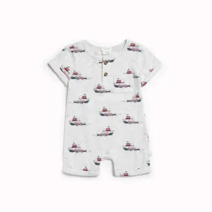 Tugboats Print on Heather Grey Romper | Petit Lem