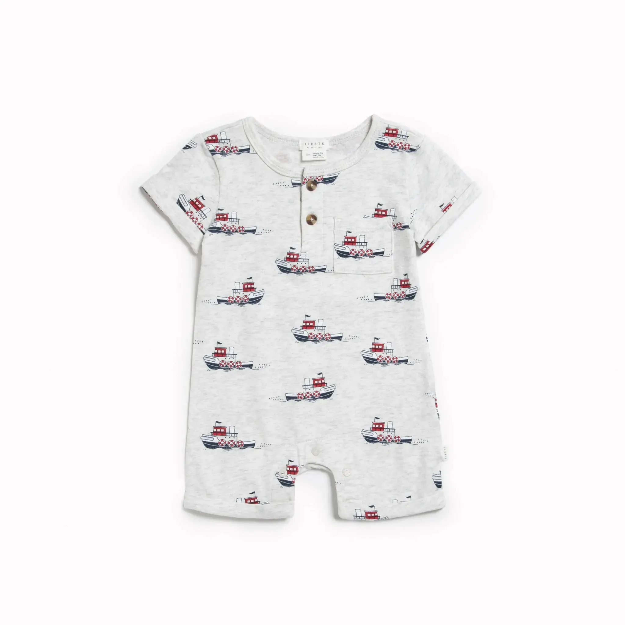 Tugboats Print on Heather Grey Romper | Petit Lem