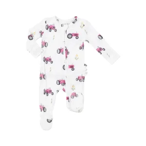 Two Way Zipper Ruffle Back Footie - Pink Tractors | Angel Dear