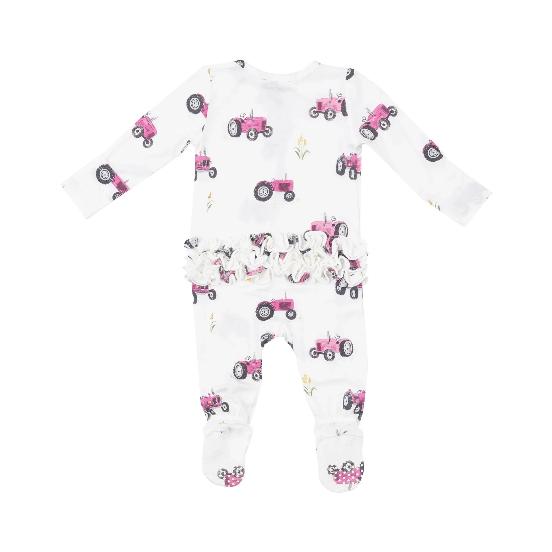 Two Way Zipper Ruffle Back Footie - Pink Tractors | Angel Dear