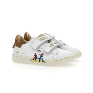 White Mickey   Minnie Leopard Tab Velcro Sneakers