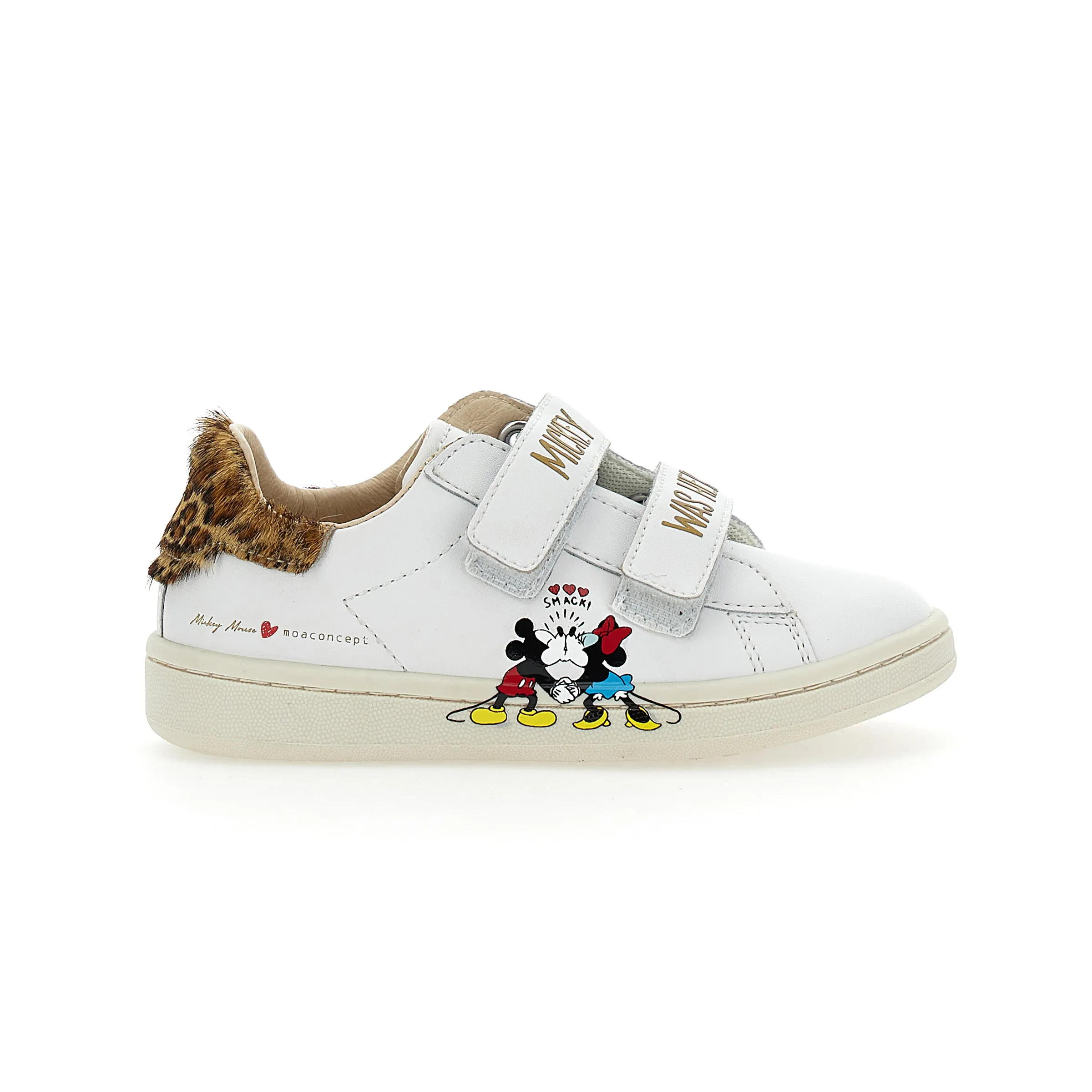 White Mickey   Minnie Leopard Tab Velcro Sneakers