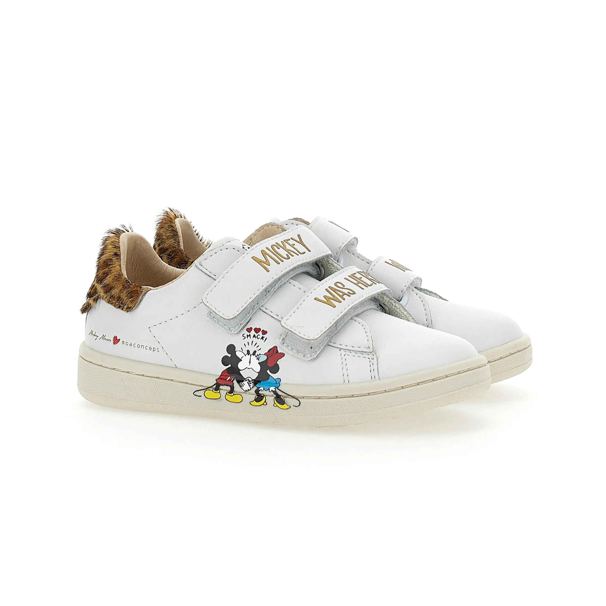 White Mickey   Minnie Leopard Tab Velcro Sneakers