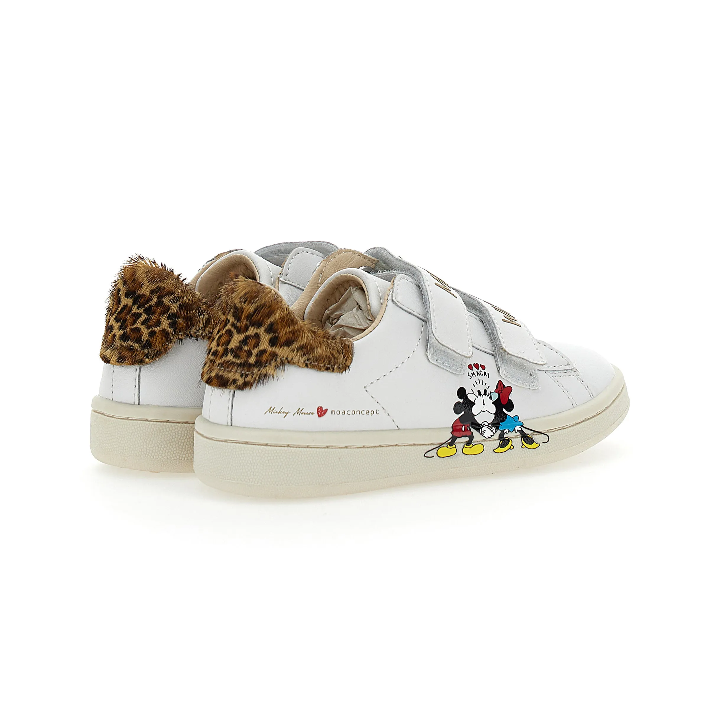 White Mickey   Minnie Leopard Tab Velcro Sneakers