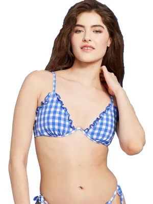 Women's Textured Plaid Ruffle Trim Bikini Top,Blue